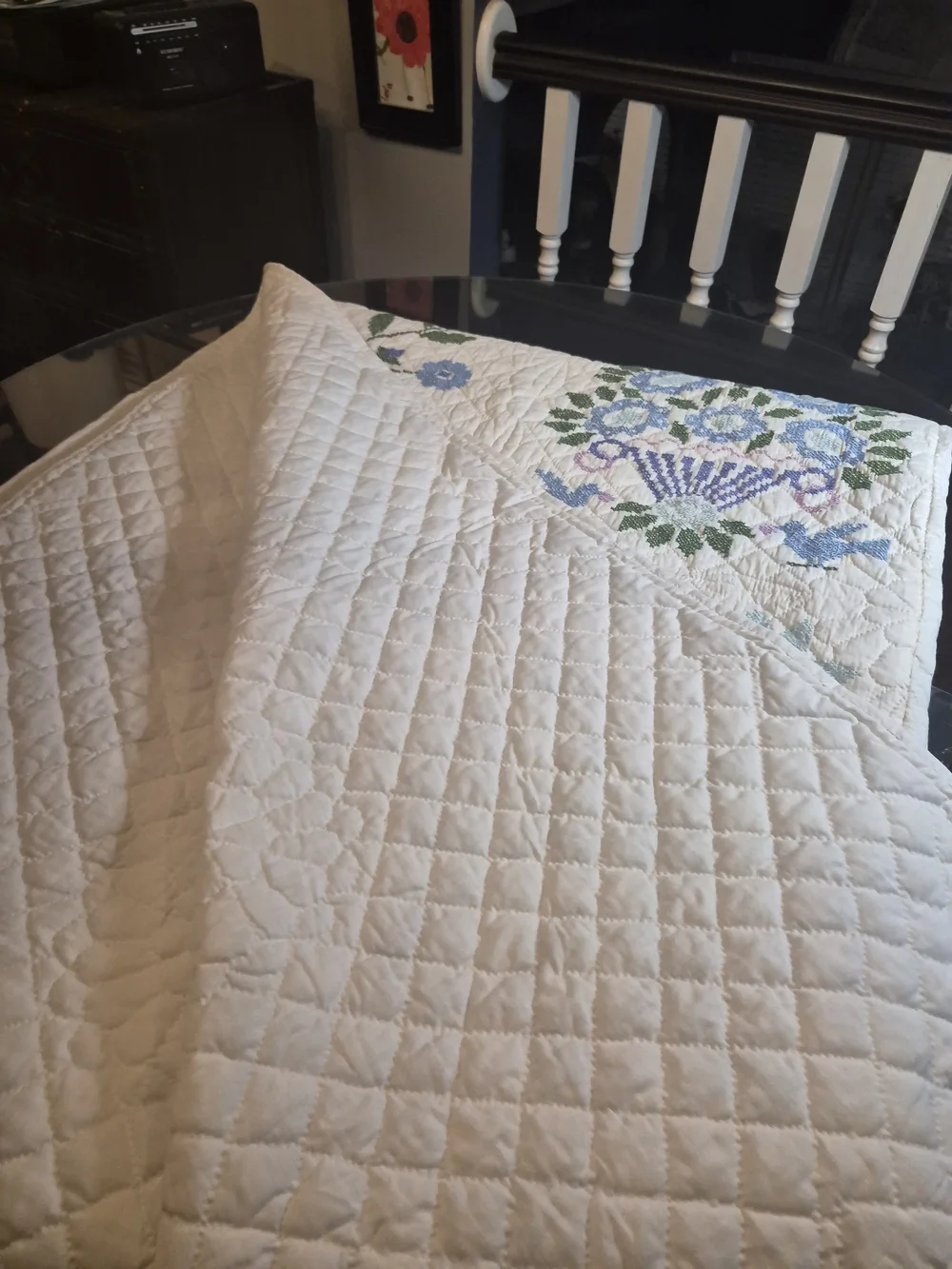 Baltimore Album Style Handmade Floral Quilted Bedspread in White and Light Blue
